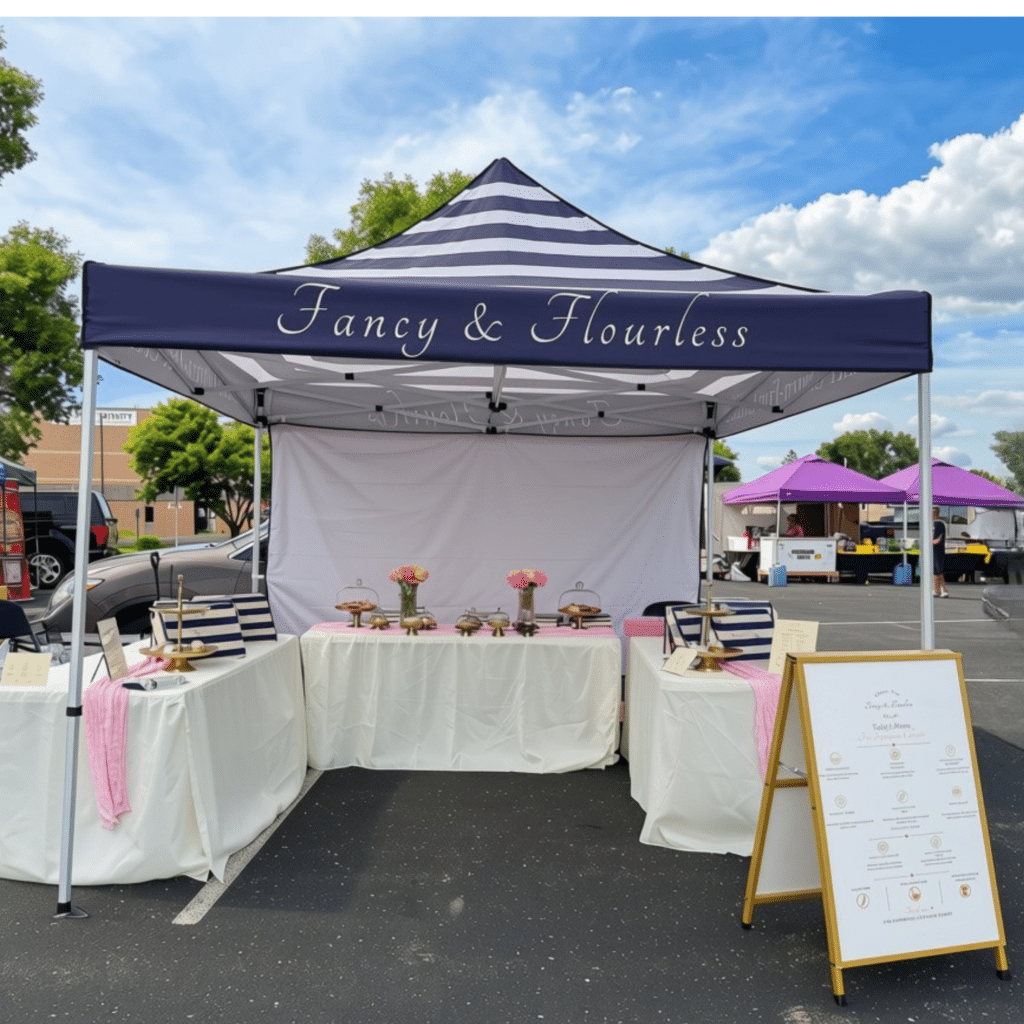 A colorful outdoor display at a farmers market featuring a table covered with a pink tablecloth, signage for Fancy & Flourless, and a variety of gourmet cookies.