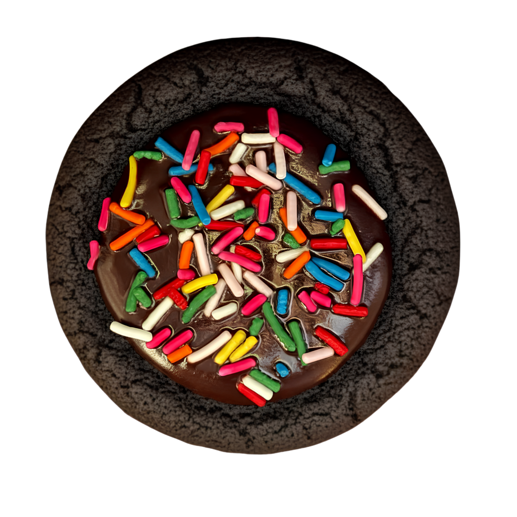 Order Gourmet Flourless Cookies A rich, gluten-free chocolate cookie topped with silky dark chocolate ganache and colorful rainbow sprinkles.