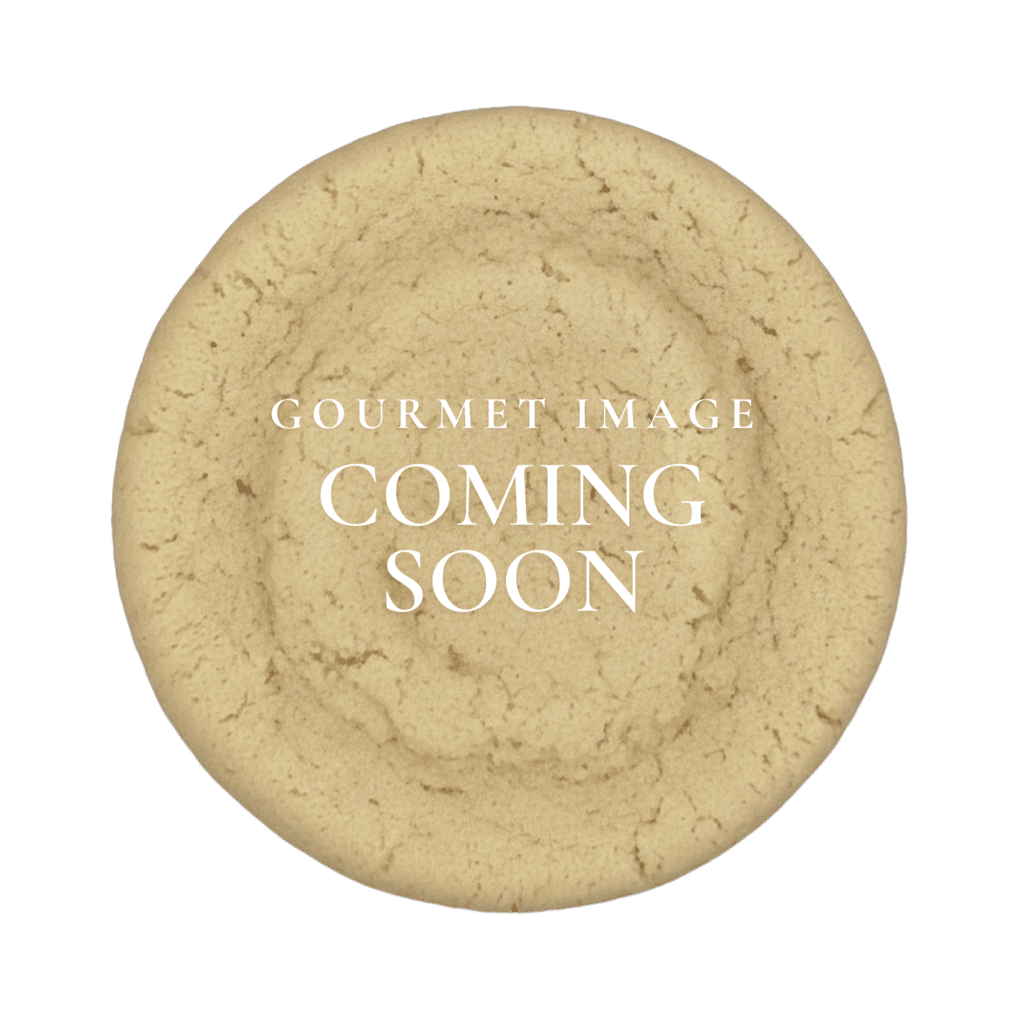 A plain, light-colored cookie base serving as a placeholder for a new gourmet flavor, with the text 'Gourmet Image Coming Soon' overlaid.