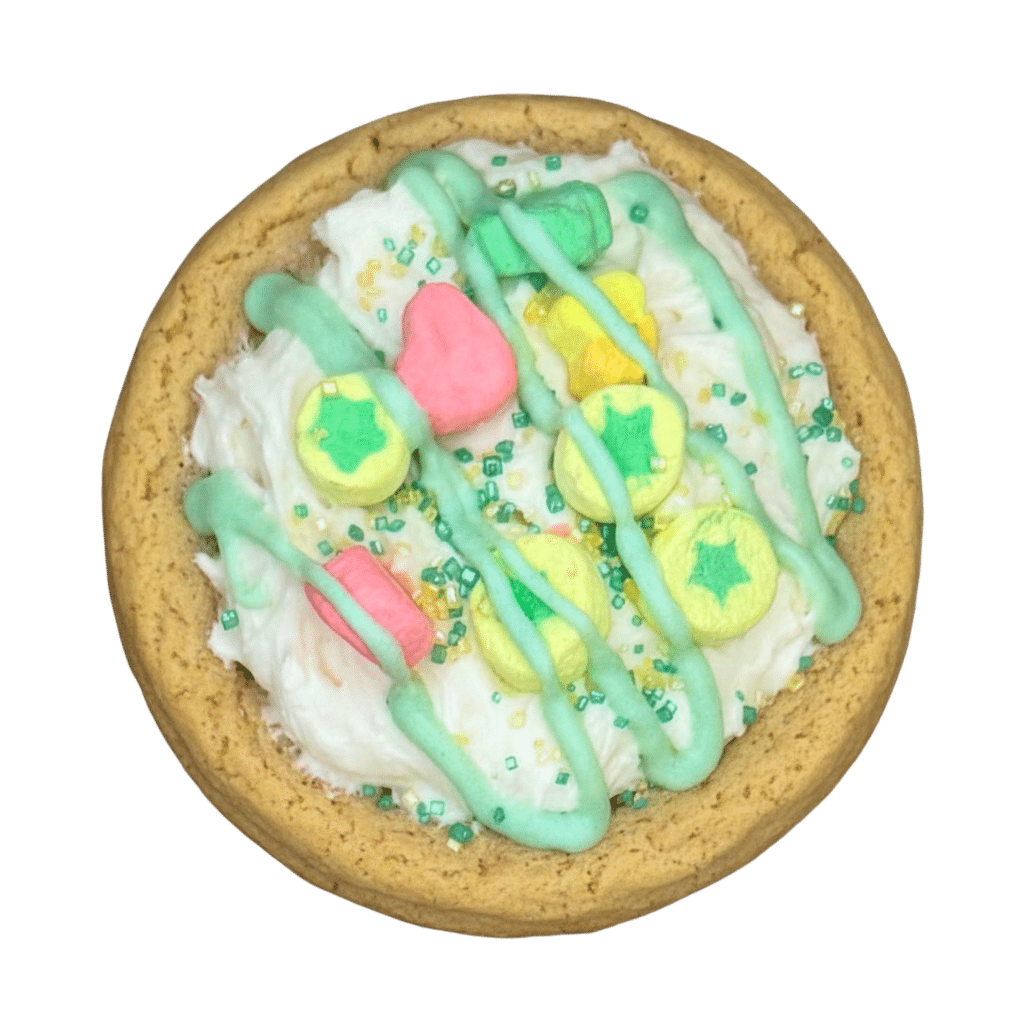Lucky Charms Marshmallow Dream | Gluten Free | Cereal Milk Collection A Lucky Charms Marshmallow Dream cookie from the Cereal Milk Collection, topped with colorful marshmallow charms.
