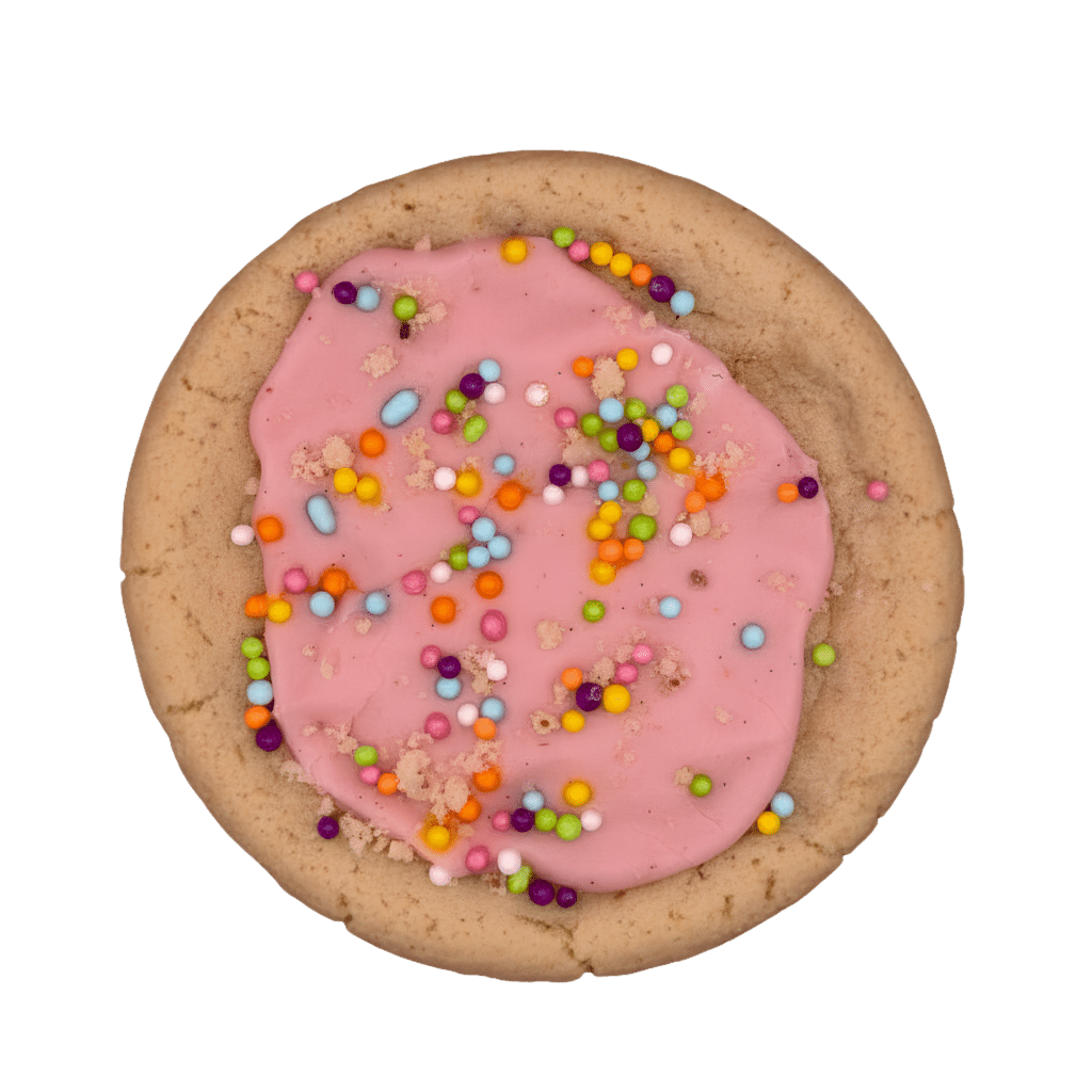 Order Gourmet Flourless Cookies Gluten-free almond vanilla bean cookie topped with pink frosting, rainbow sprinkles, and buttery shortbread crumble.