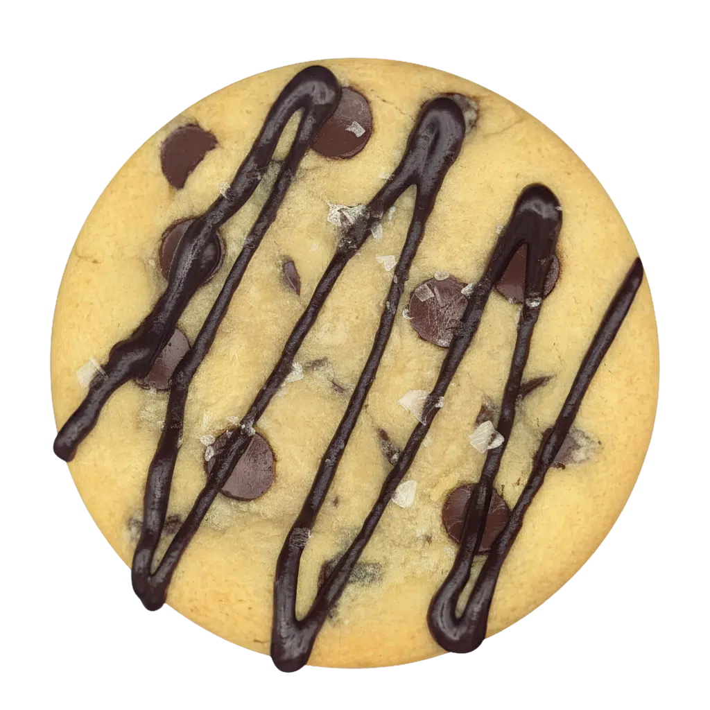 A classic gluten-free chocolate chip cookie drizzled with dark chocolate and finished with a sprinkle of flaky sea salt.