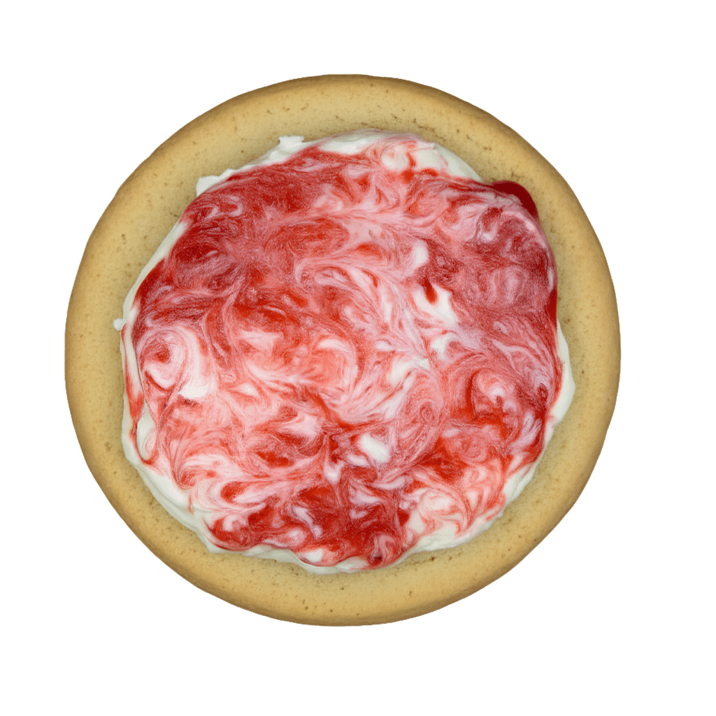 A golden vanilla cookie topped with a swirl of tangy cream cheese frosting and bright red strawberry compote.