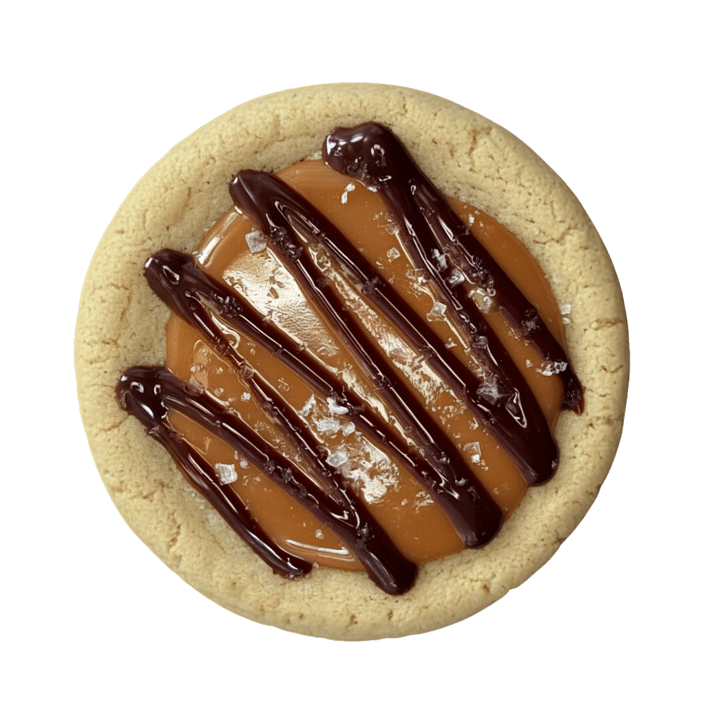 Twix Caramel Shortbread | Gluten Free | Candy Bar Collection A round, rich brown butter gluten free cookie topped with a layer of smooth caramel, drizzled with dark chocolate, and finished with a sprinkle of flaky sea salt.