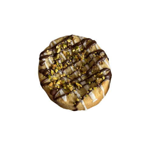 Flavors and Collections A thick, gourmet gluten-free cookie topped with a white chocolate base, a dark chocolate drizzle, and a generous sprinkle of crushed pistachios. 2.5" mini