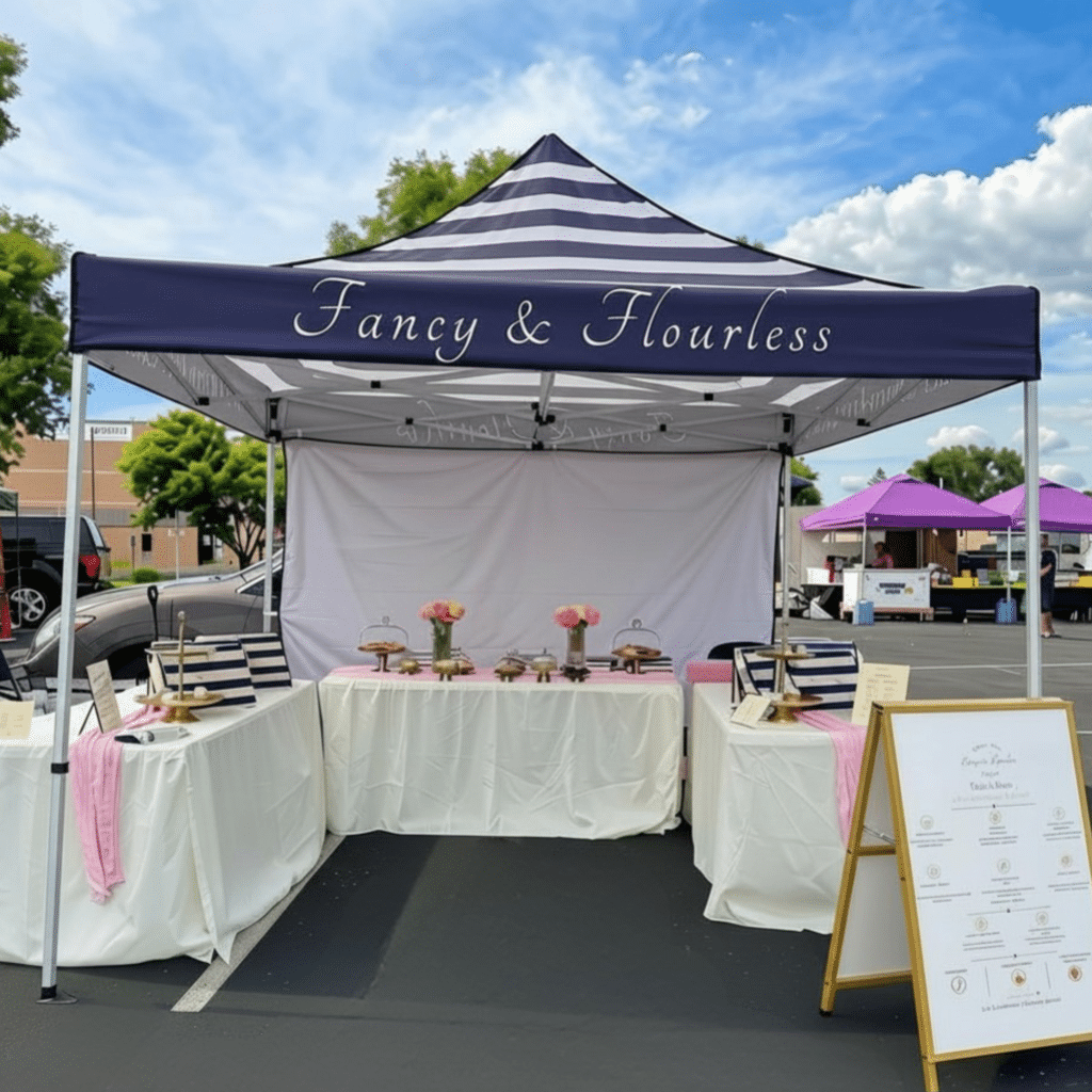 fancy & flourless farmers market set up with gluten free cookie displays