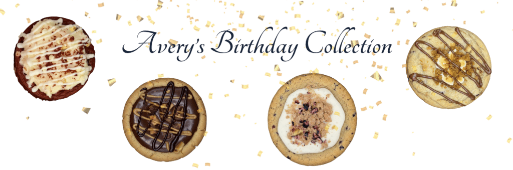 Avery's Birthday Collection menu board featuring assorted gluten-free gourmet cookies curated by Avery