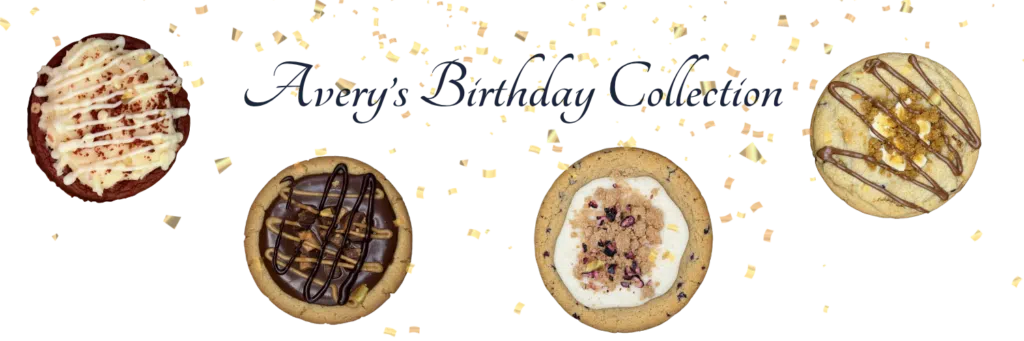Avery's Birthday Collection menu board featuring assorted gluten-free gourmet cookies curated by Avery