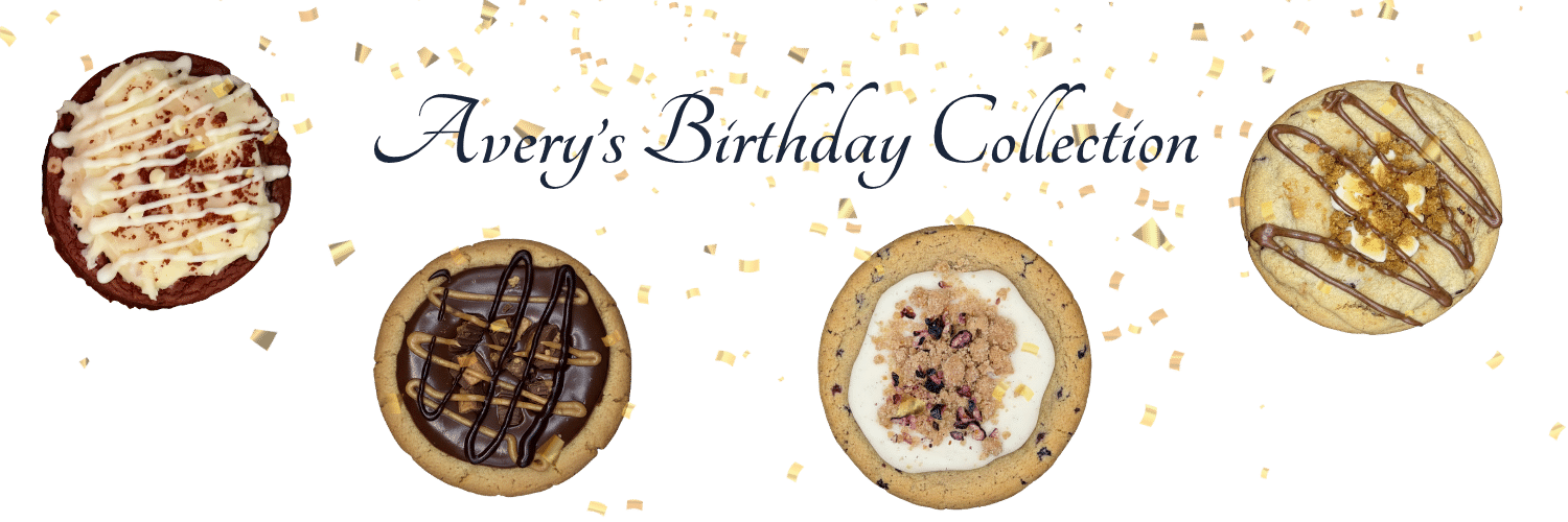 Avery's Birthday Collection menu board featuring assorted gluten-free gourmet cookies curated by Avery