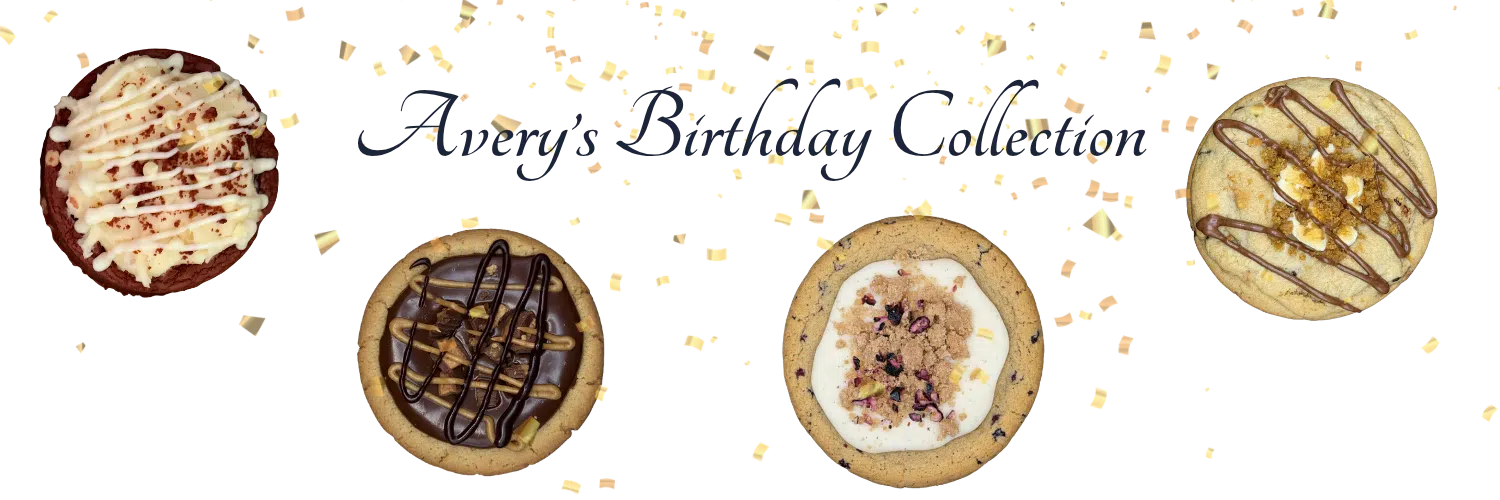 Avery's Birthday Collection menu board featuring assorted gluten-free gourmet cookies curated by Avery